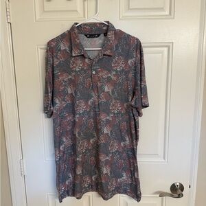 Travis Mathew Men's Blue and Red Leaf Print Polo